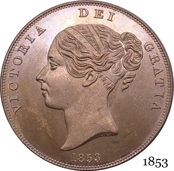 Великобритания 1853 Виктория 1 Едно Пени, Кралицата на Великобритания Копирни Монети от Мед и Червен Великобритания Бронзова Портретна Монетата с Гладък Ръб