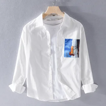 2022 Японската Реколта Риза Райе с Бродерия, Мъжка Риза с Дълги Ръкави, Свободна Ежедневни Универсална Тенденция Памучен Риза, Модни