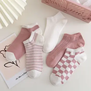 Модерен Елегантен Забавни Прекрасни Памучни Чорапи в Розова Клетка За Момичета, Къси Дамски Бели Ниски Чорапи, Летни Пролетни Дамски Чорапи