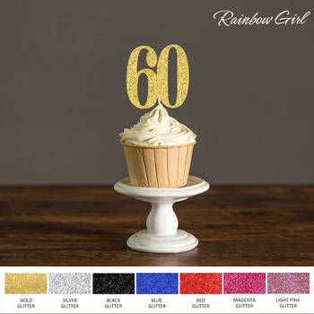 Шестдесет Рожден Ден Украси,60 Cupcake Топперс Избира, Черен/Златен/Сребърен Блясък, 60-та Годишнина на Тортата Сувенири Бижута