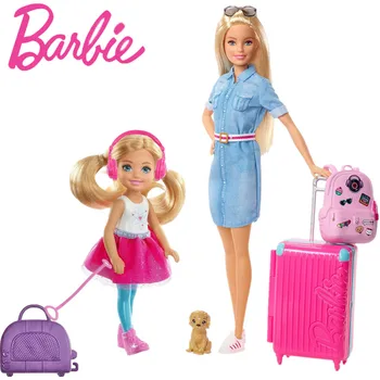 Оригиналната Кукла За Пътуване на Барби, Играчка, Кукла За Пътуване на Барби Челси с 10 + Аксесоари, Играчки За Момичета, Подарък За Рожден Ден, FWV25 FWV20
