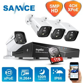 SANNCE 4CH 5MP XPOE Система за Видеонаблюдение 4ШТ 5-Мегапикселова Външна Водоустойчива Инфрачервена IP Камера за Нощно Виждане Безжичен Комплект за Видеонаблюдение