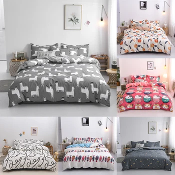 Home Living Комплекти спално бельо с Принтом алпака, Определени Пододеяльников, Плосък чаршаф и калъфка за възглавница, Чаршаф размер 