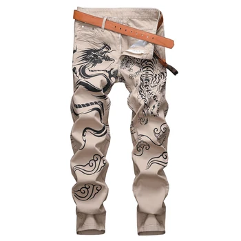 Мъжки дънки цвят каки с принтом дракон и тигър, Модни приталенные прави панталони