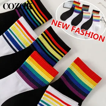 3 чифта/лот, с Преливащи се цветове на Памучни Чорапи, Дамски Шарени Модни Корейски Улични Чорапи, Топли Забавни Къси Чорапи в стил Харадзюку, Пролет-Есен, Щастливи Чорапи