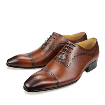 Мъжки кожени обувки, удобна и здрава бизнес официалната Оксфорд обувки дантела, Броги, ръчно изработени, Луксозна Рокля на Булката, Булчински обувки