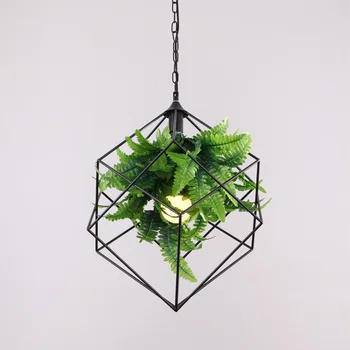 Креативни Led Black Iron Diamond Окачен Лампа с Декоративно Изкуствено Зелено Растение за Тематичен Ресторант, Музикален Бар, Дроплайта