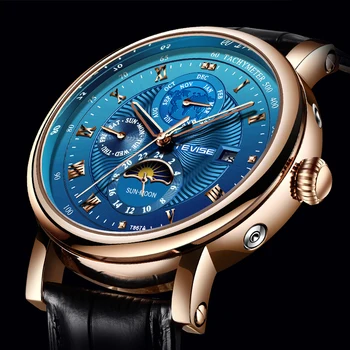 Мъжки Часовник TEVISE, Най-добрата Марка за Луксозни Бизнес Автоматични Механични Часовници, Мъжки Модни Непромокаеми Кожени Часовници Moon Phase Blue + Кутия