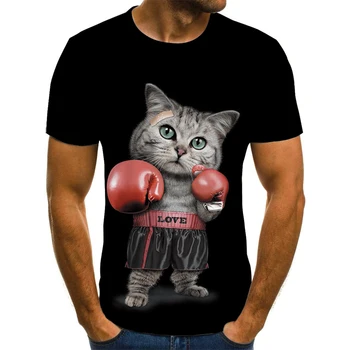 Лятна забавно мъжки и дамски тениски с къс ръкав и 3D принтом шимпанзетата/котка, боксови ръкавици, ежедневна детска тениска с котка