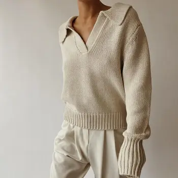 Топ с дълъг ръкав, вязаный корейски модерен пуловер, Есенни женски пуловер, ретро есенен пуловер, пуловер с яка поло, реколта дрехи