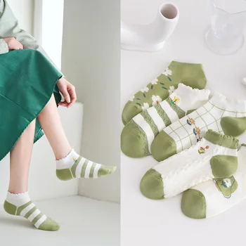 10 парчета = 5 двойки, Нови пролетно-летни дамски чорапи-чехли с бродерия, малки сладки дамски чорапи с цветен модел за отдих, дамски чорапи
