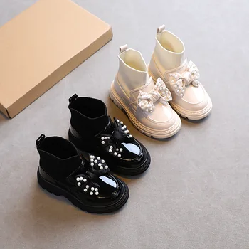 Обувки за момичета; Зимни Модерни Детски Обувки с Лък и Перли; терлици от Изкуствена Кожа; детски Ботильоны Подметка