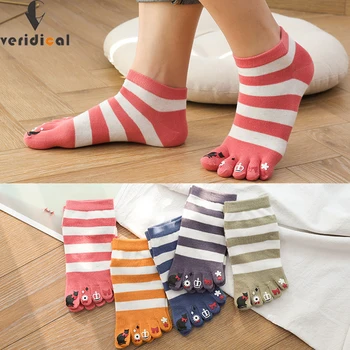 Сладки глезена пет пръста чорапи жени памук райета печат, мода Harajuku момичета, които да не показват, щастливи чорапи с пръсти новост ЕС 36-39