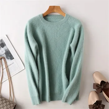 Дамски Норковые Кашмир Sweaters С кръгло деколте и дълги ръкави, кратък случайни дебел пуловер, обикновен мек топъл зимен пуловер