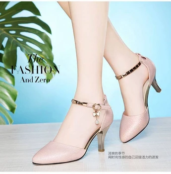 Дамски летни шипове 7,5 см, тънки високи токчета, сандали твърди Мода кожа, микрофибър 2022 тенденция женски сексуални страна на луксозни обувки диапазон 34-40