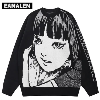 Harajuku Реколта аниме момиче вязаный пуловер женски Японски големи жилетка пуловер дебел пуловер дядо грозен пуловер мъжете