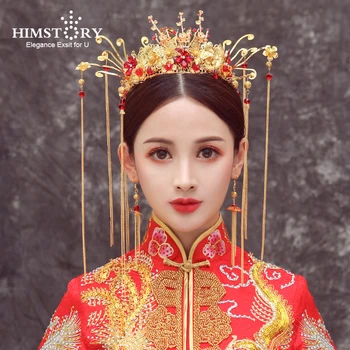 2018 Нови Китайски Сватбата Булката Аксесоари За Коса, Бижута Дългият Пискюл На Червено Цвете Превръзки Кралицата На Диадеми За Коса Короната