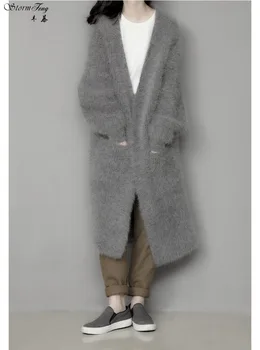 Нов дамски Зимни норковый вълнен жилетка, палто, женски дебел пуловер с V-образно деколте, вязаный, безплатно, дълъг, безплатна доставка I1797