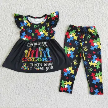 Дрехи за малките момичета с аутизъм, гамаши, панталони, цветна тениска с изображение на анимационни герой за момичета, детски дрехи за благотворителна дейност