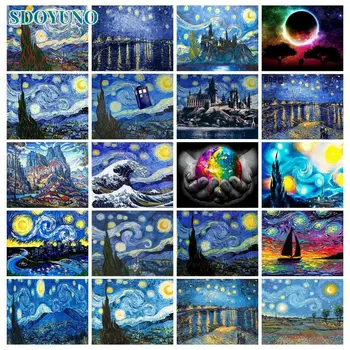 SDOYUNO Абстрактна Живопис По Номера на Ван Гог Звездното Небе за Оцветяване Картина на Номерата На Стенно Изкуство Акрилна Боя За Дома Изкуство