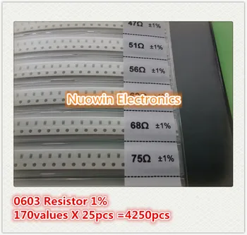 SMD 0603 Проба резистора Книга 1% Допускане 170 стойности на x 25 бр. = 4250 бр. Комплект резистори 0R ~ 10 м 0R-10 М 0R 1R-10 м