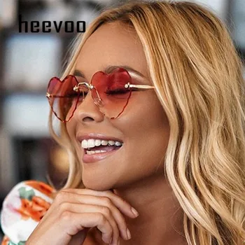 Дамски Слънчеви Очила без Рамки, Модни Слънчеви Очила във формата на Сърце за Жени, Реколта Сладки Очила Градиентных Нюанси на 90-те Години, Очила с UV400