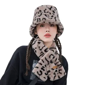 2 бр./компл. зимни дамски, леопардовый разпечатки от изкуствена кожа плюшени шапки шал външна топла шапка от плюшено кадифе Рибар шапка