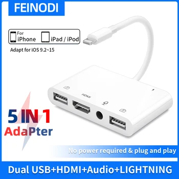 Адаптер Lightning-HDMI за iPhone / iPad към телевизор в iPhone Dual USB OTG Адаптер за микрофон за директно излъчване с зарядно пристанище