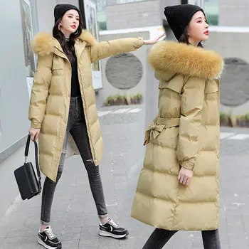 Жена пуховое палто 2022, елегантно палто с качулка и колан, топли ежедневни якета, дамски паркове, топла кожа, однотонное коварен дебели палта, 3 цвята