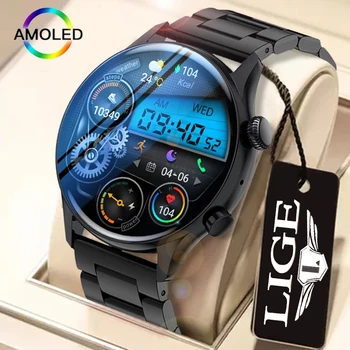 LIGE NFC Смарт часовници Мъжки AMOLED HD Екран Винаги Показва Времето Водоустойчив Часовник Bluetooth Предизвикателство Умни Часовници За Xiaomi + кутия