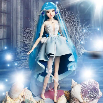 BJD Водолей MMgirl 12 Серия Съзвездия 14 Съвместно тялото Сини Коса със Синя рокля Обувки на висок ток и поставка за кукла