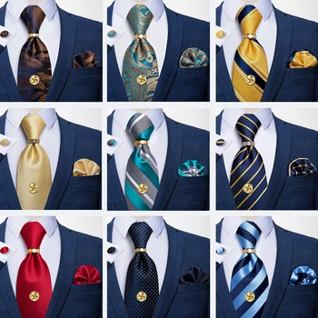 Мъжка Вратовръзка Тъмно синьо Със Златен Модел От Пера, Бизнес Официална Вратовръзка, Шалче, копчета за Ръкавели, Комплект Пръстени, Жаккардовый Коприна Сватбен Вратовръзка, ДиБанГу