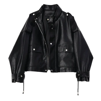 Lautaro Къс негабаритная кожено дамско яке с дълъг ръкав свободна черно яке с цип Дамски дрехи 2020 дамска мода в продажба