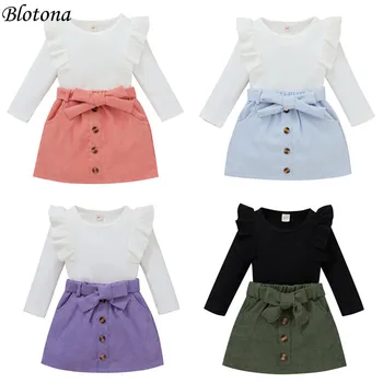 Blotona/Комплект от 2 теми за малките момичета, Трикотажни Блузи с дълги ръкави и набори на рубчик + Однотонная пола-молив копчета, комплект от 6 м. до 3 години