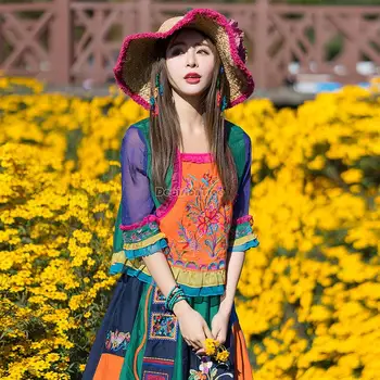 2023 summe, жилетка в китайския етнически стил, риза, реколта дамски елегантни традиционните върхове, леко спално бельо, памучни блузи с бродерия
