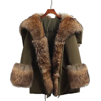 палто от естествена кожа 2020, НОВА ВИСОКОКАЧЕСТВЕНО Палто От естествена Кожа на миеща мечка, Женска Кожа Парк Армейского зелен цвят, Палто от кожа на миеща мечка и Лисица, 6Xl 7Xl