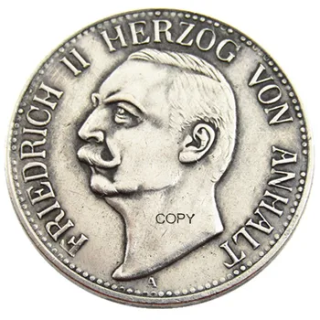Германия, Анхалт 3 марка 1911 Фридрих II сребърно покритие копирни монета
