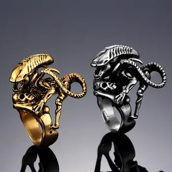 Уникален пръстен във формата на чужденец, динозавър, пръстен от неръждаема стомана, скелет, лицето пръстен