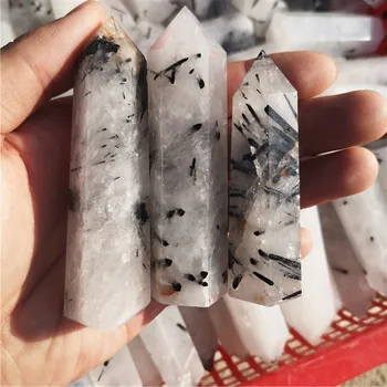 натурален кристал бял прозрачен кварц черен турмалин симбиотический шестоъгълен кристал колона минерални украса декорация на дома