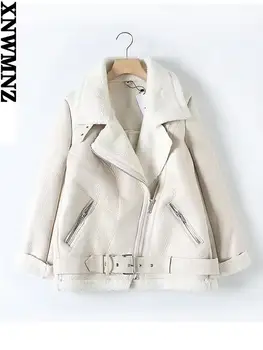 XNWMNZ Дамски бежовата кожа яке от изкуствена кожа, палтото е с колан и отложным яка, Дамско Зимно Гъст Топло палто Оверсайз 2021