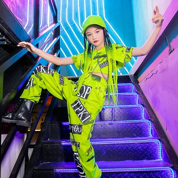 Зелен костюм в стил хип-хоп за момичета, детски джаз сценична Дрехи, Детски Костюми за улични танци, костюми за модни ревюта, Екипировки DQL5357