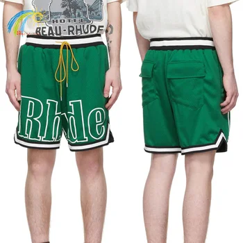 2022 Летни Свободни Зелени Ежедневни панталони RHUDE За Мъже и Жени е 1:1 Тагове Голямо Лого Печат Срастване Гащички Rhude Дантела