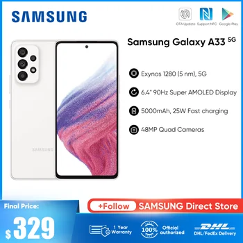 Оригинален Нов Смартфон Samsung Galaxy A33 5G 90 Hz Super AMOLED Дисплей Exynos 1280 восьмиядерный 5000 mah 25 W Бързо Зареждане на Телефона