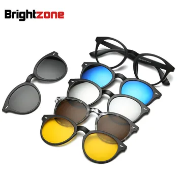 Brightzone Ретро 5 + 1 Комплект Очила Унисекс, Леки Правоъгълни Огледално Поляризирани Слънчеви Очила, Клипове, Рамки За Очила Rx Рецепта