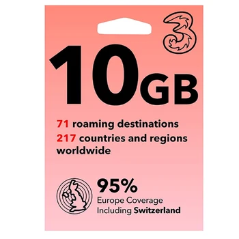 Три предплатени европейските SIM-карти, 30 дни 10 GB данни + неограничени разговори + неограничен брой SMS-карта за роуминг в 71 дестинация.