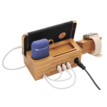 Бамбуковое Дърво 3 USB зарядно устройство ще захранване на Зарядно За Apple Watch Airpods Зарядно Устройство, Зарядно устройство Стойка Държач за iPhone 12 11 Pro XS XR iPad Таблет