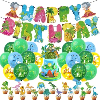 Динозавър Вечерни Украса Карикатура Динозавър Вулкан Банер Латексови Балони Деца Момчета Щастливи Джунглата Сафари Динозавър На Тема Рожден Ден На Доставката