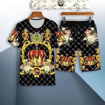 Нова мъжка тениска с 3D Бродерия Златна корона, Костюм, с кръгло деколте, Модерна Мъжка Женска тениска + шорти, Спортни облекла, Комплект от две части
