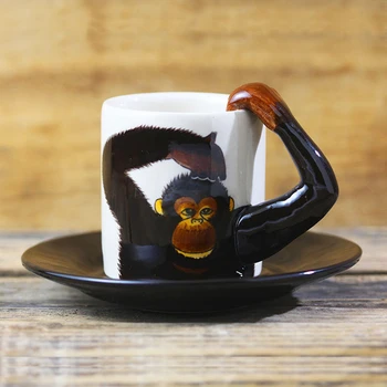 Творчески животно чашата за кафе с чинийка еспресо кафе, чаша шимпанзетата керамична чаша рисованный карикатура еспресо чашата за кафе с чинийка