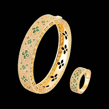 Lanruisha Луксозна гривна и пръстен женски бижута, определени с микро-подложка, пълна циркониевый цвят, четырехлистный цвете, модни бижута